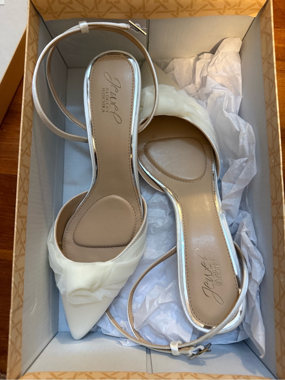 Jewel Badgley Mischka Ivory Pointed-Toe Ankle-Strap Heels with Rosette